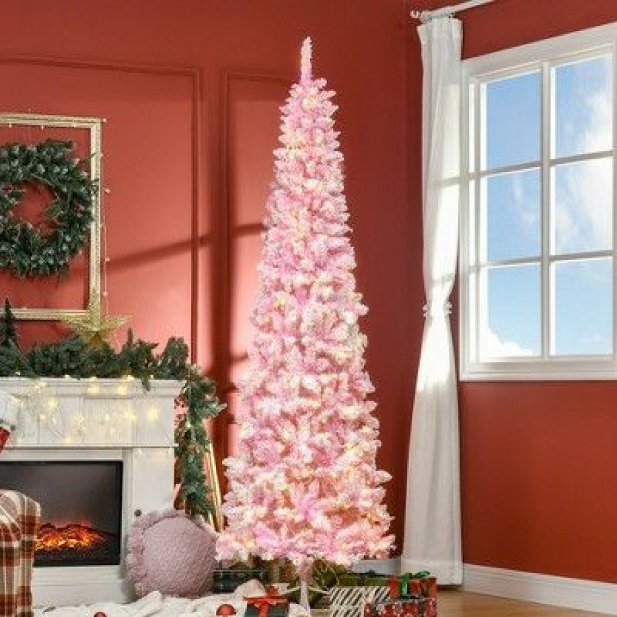 Pine * | Homcom 6/7.5 Foot Prelit Snow Flocked Artificial Christmas Tree With Pencil Shape, Pine Realistic Branches, Warm White Led Lights, Auto Open, Pink And White