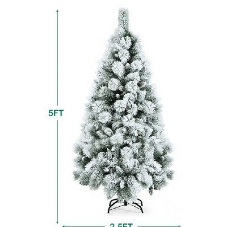 Pine * | Costway 5Ft/6Ft/7Ft Snow Flocked Hinged Artificial Slim Christmas Tree With Pine Needles