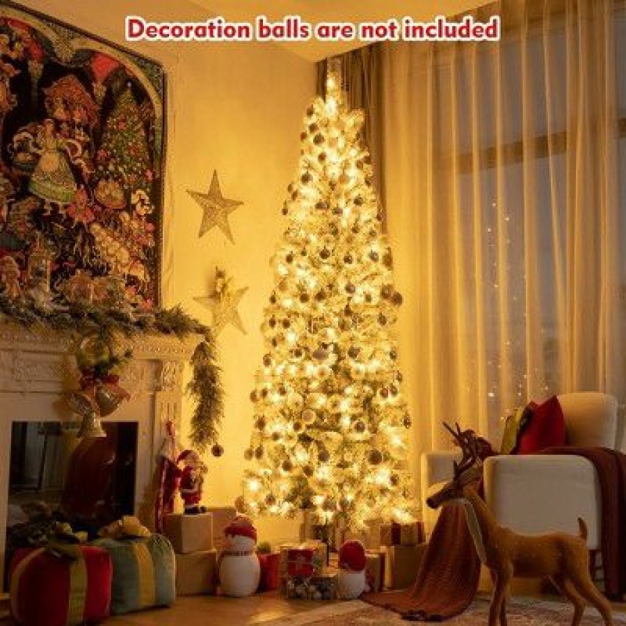 Pine * | Costway 8Ft Pre-Lit Hinged Christmas Tree Snow Flocked W/ 9 Modes Remote Control Lights