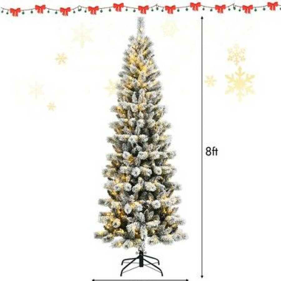 Pine * | Costway 8Ft Pre-Lit Hinged Christmas Tree Snow Flocked W/ 9 Modes Remote Control Lights