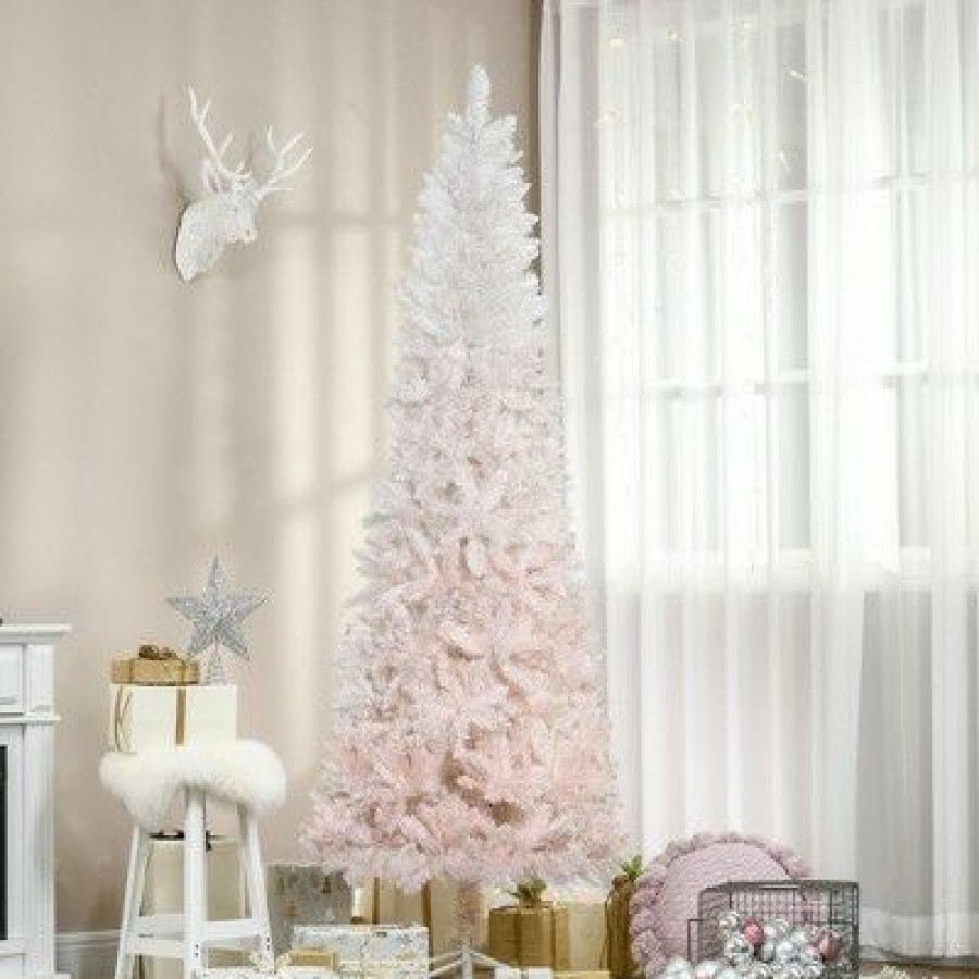 Fir Wood * | Homcom 6 Tall Unlit Pencil Fir Artificial Christmas Tree With Realistic Branches And Steel Base, Pink And White