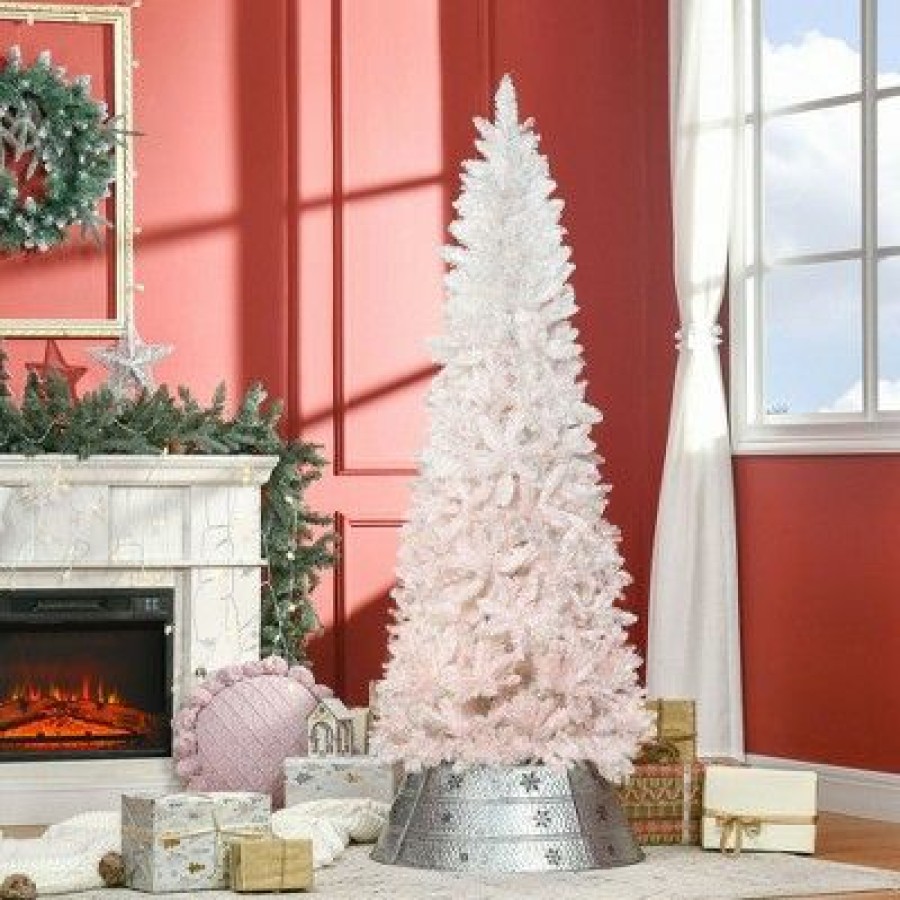 Fir Wood * | Homcom 6 Tall Unlit Pencil Fir Artificial Christmas Tree With Realistic Branches And Steel Base, Pink And White