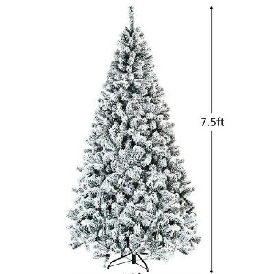 Pine * | Costway 7.5Ft Snow Flocked Hinged Christmas Tree Unlit Metal Stand