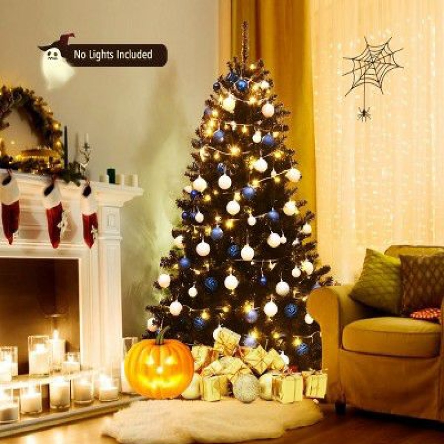 Pine * | Tangkula Artificial Christmas Tree Halloween Hinged Spruce Full Tree With Metal Stand Black