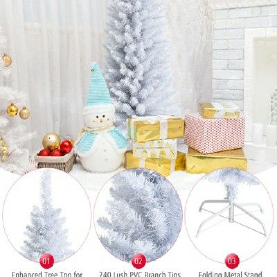 Pine * | Tangkula Life-Like Slender White Christmas Tree Artificial Pencil Unlit Xmas Tree W/ Folding Metal Stand & Durable Pvc