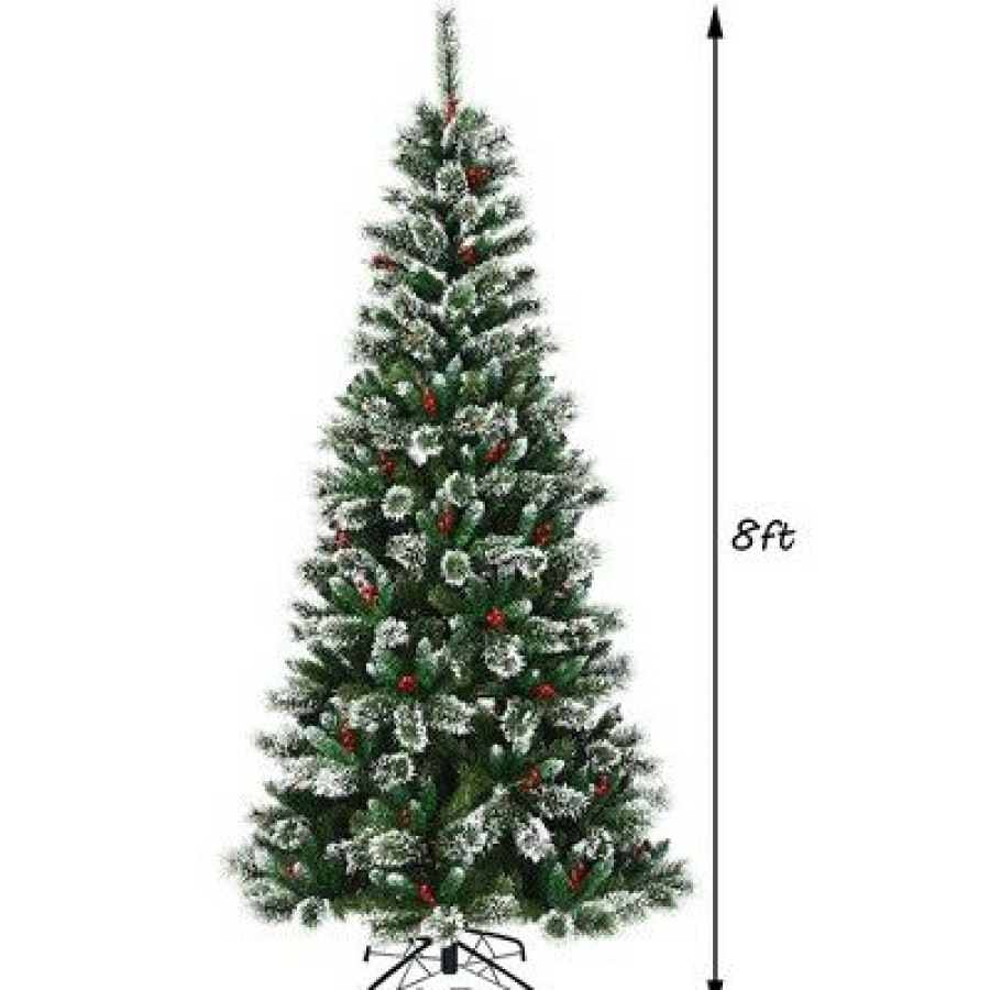 Pine * | Costway 8 Ft Snow Flocked Artificial Christmas Hinged Tree W/ Pine Needles & Red Berries