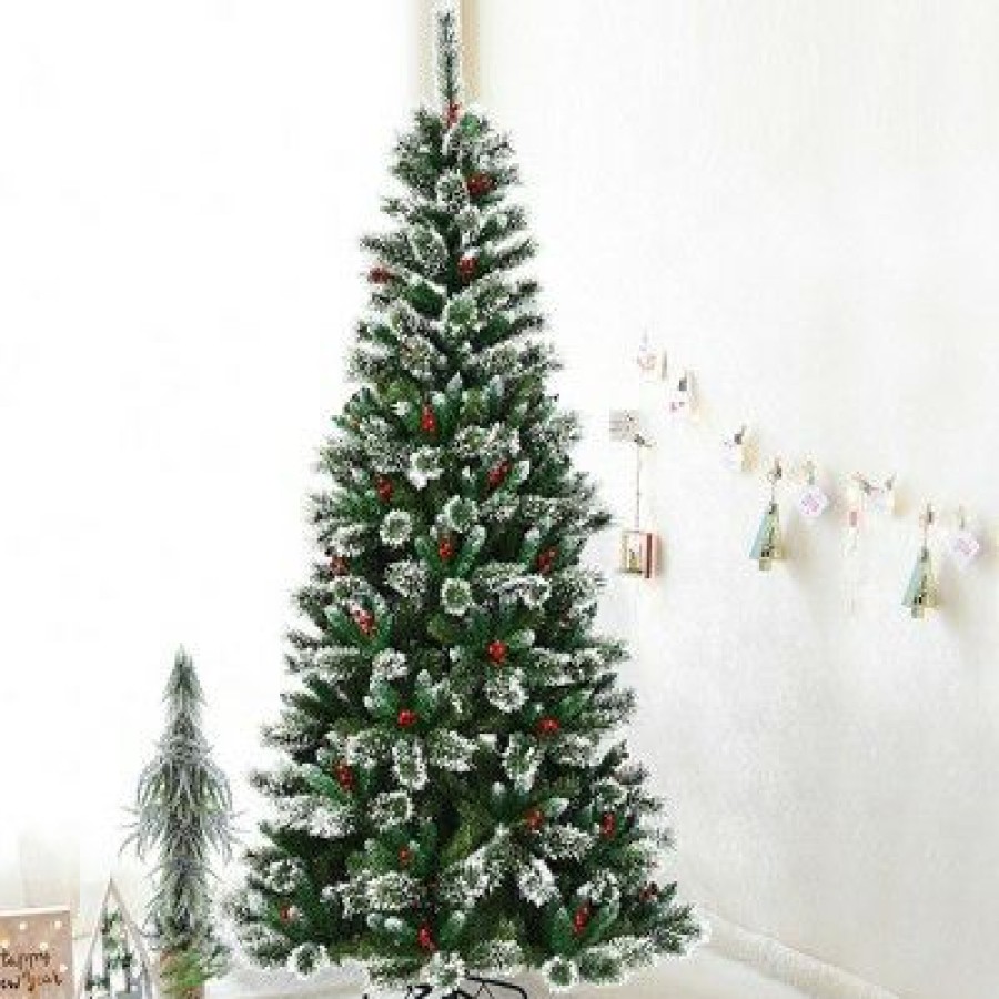 Pine * | Costway 8 Ft Snow Flocked Artificial Christmas Hinged Tree W/ Pine Needles & Red Berries