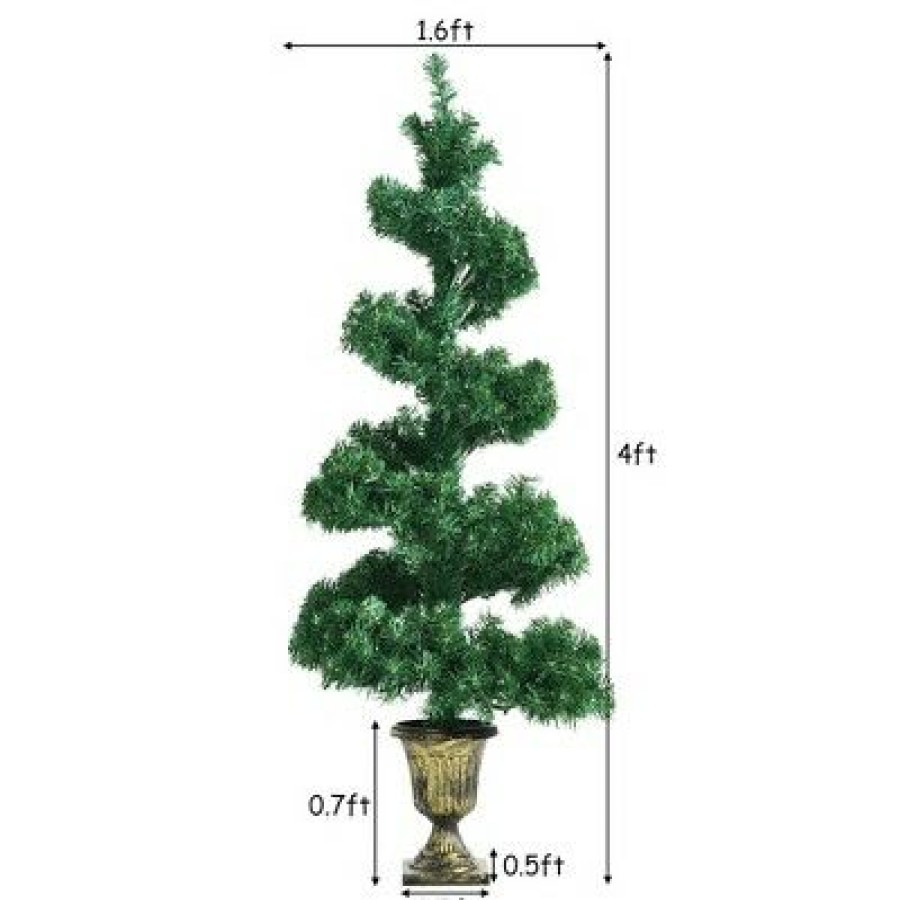 Pine * | Costway 4Ft Pre-Lit Spiral Artificial Christmas Entrance Tree W/ Lights & Retro Urn Base