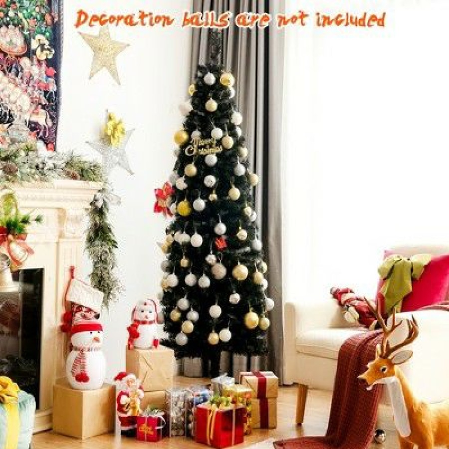 Pine * | Costway 6Ft Unlit Artificial Christmas Pencil Tree Black W/Metal Stand Black