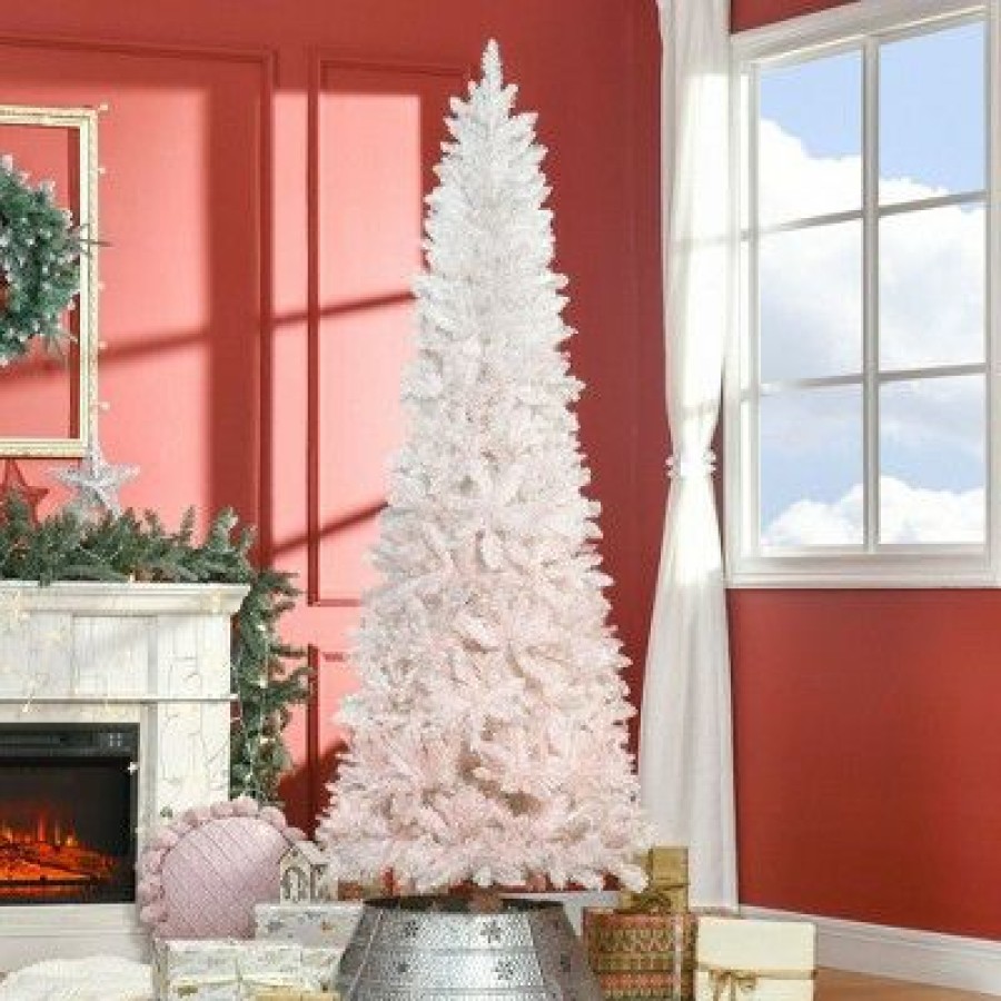 Fir Wood * | Homcom 7 Tall Unlit Pencil Fir Artificial Christmas Tree With Realistic Branches And Steel Base, Pink And White