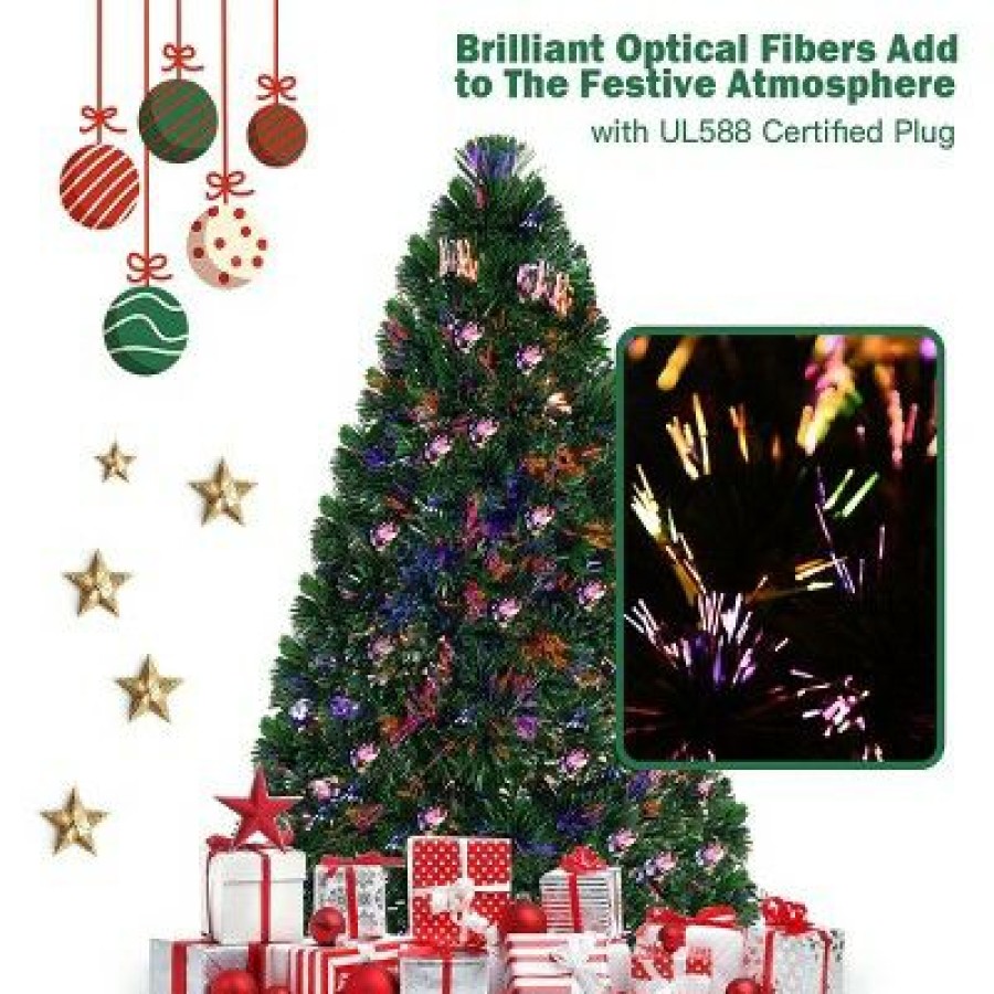 Pine * | Costway 5Ft Pre-Lit Fiber Optic Pvc Christmas Tree Metal Holiday