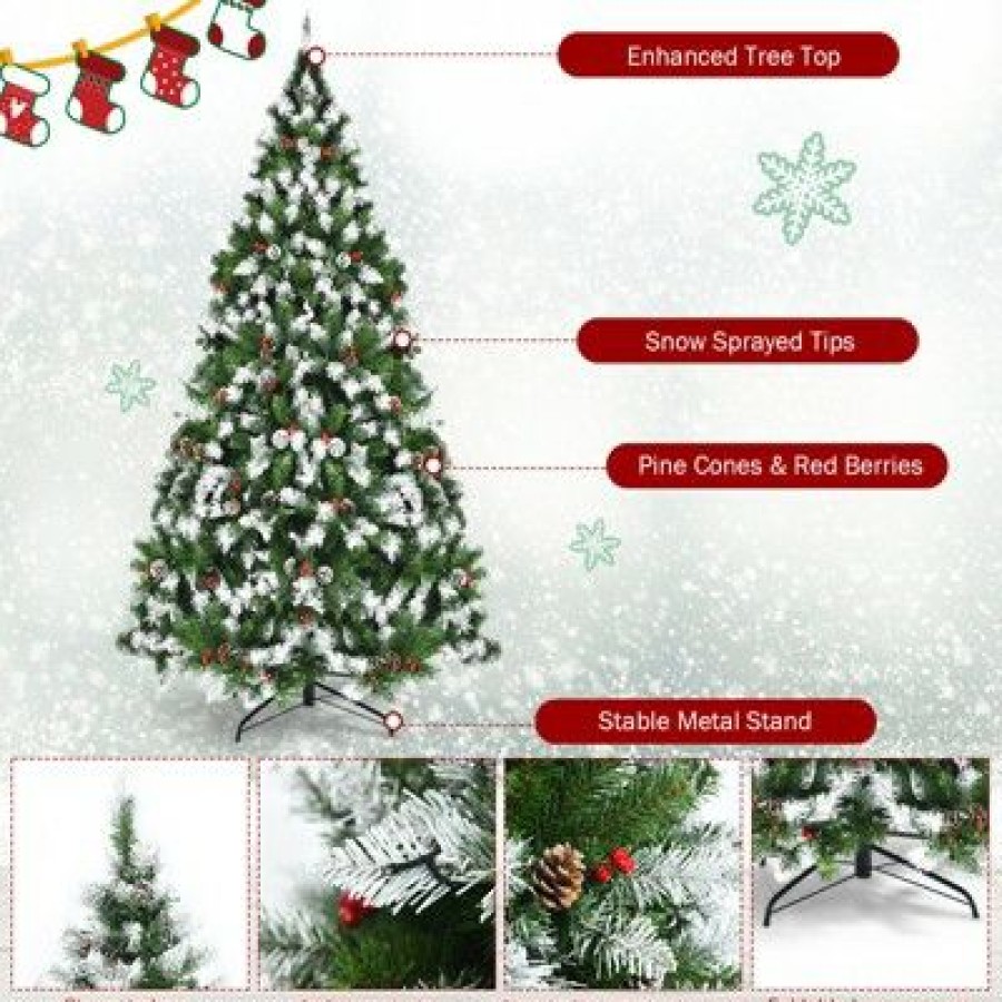 Pine * | Tangkula 6Ft Pre-Lit Snowy Christmas Tree Pre-Strung Xmas Decoration Tree W/ 250 Warm White Led Lights & 818 Pvc Tips