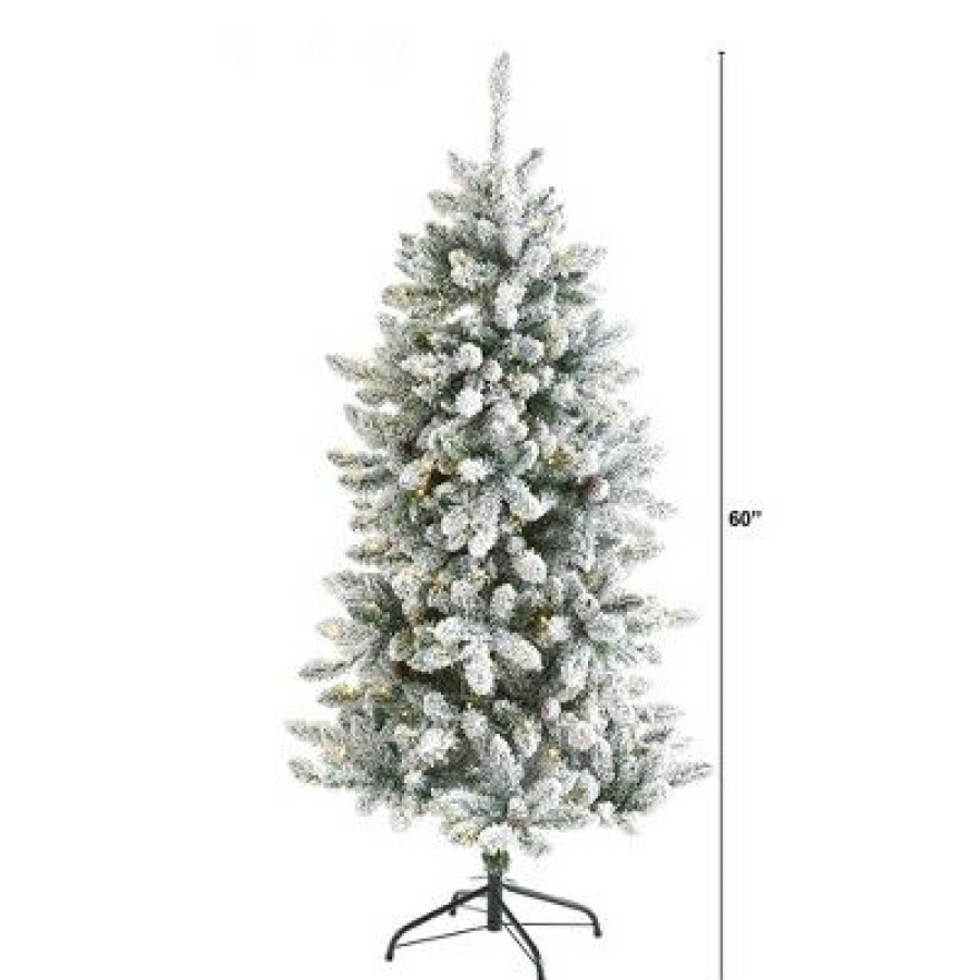 Fir Wood * | 5Ft Nearly Natural Pre-Lit Led Flocked Livingston Fir With Pinecones Artificial Christmas Tree Clear Lights