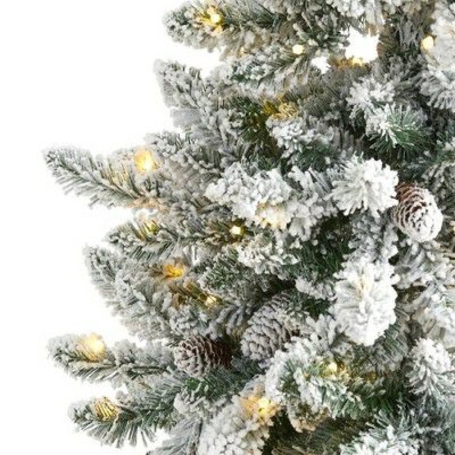 Fir Wood * | 5Ft Nearly Natural Pre-Lit Led Flocked Livingston Fir With Pinecones Artificial Christmas Tree Clear Lights