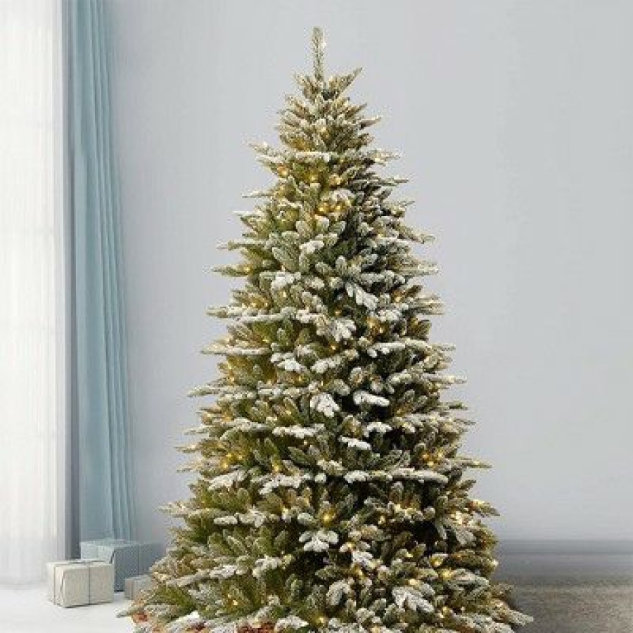 Spruce * | National Tree Company Feel Real Snowy Sierra Spruce 7.5 Ft Prelit Flocked Slim Artificial Christmas Tree, 750 White Lights, Metal Base, Easy Assembly