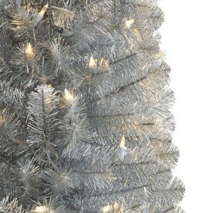 Unidentified Plant Variety * | Treetopia Shimmering Silver 6 Foot Artificial Prelit Pencil Tinsel Christmas Tree Holiday Decoration With White Led Lights, Premium Stand & Foot Pedal