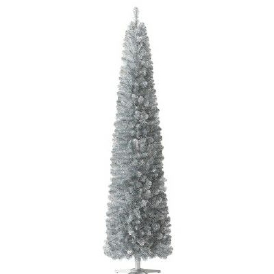 Unidentified Plant Variety * | Treetopia Shimmering Silver 6 Foot Artificial Prelit Pencil Tinsel Christmas Tree Holiday Decoration With White Led Lights, Premium Stand & Foot Pedal