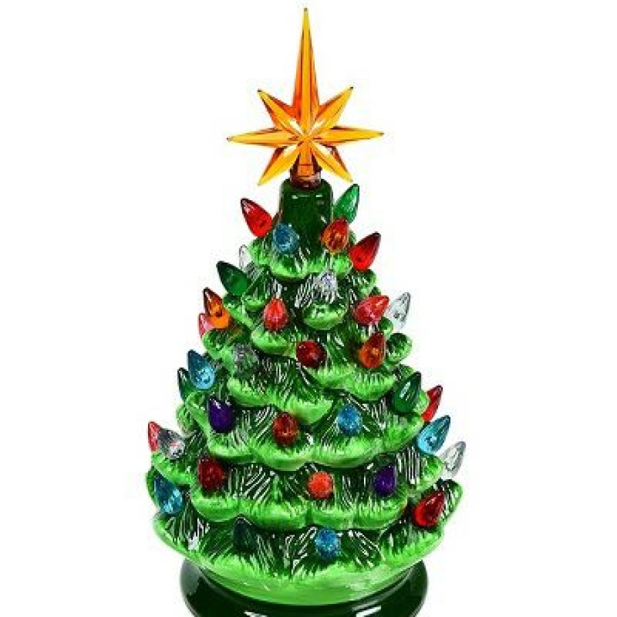 Pine * | Costway 9.5"Pre-Lit Hand-Painted Ceramic Tabletop Christmas Tree Green