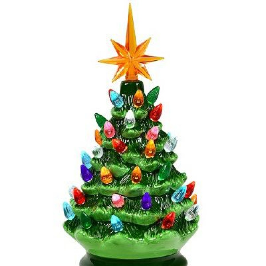 Pine * | Costway 9.5"Pre-Lit Hand-Painted Ceramic Tabletop Christmas Tree Green