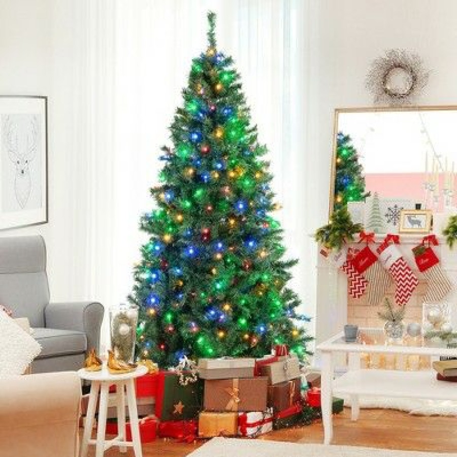 Pine * | Costway 6Ft/7Ft Pre-Lit Hinged Christmas Tree With 260/350 Multi-Color Lights No Fluffing Required