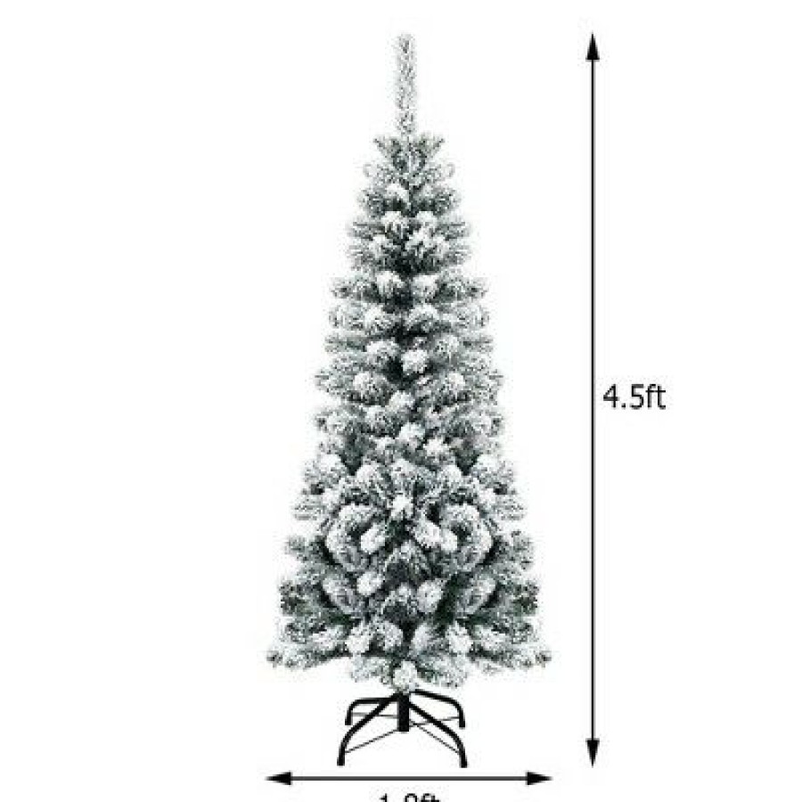 Pine * | Costway 4.5Ft Unlit Hinged Snow Flocked Artificial Pencil Christmas Tree W/ 242 Branch