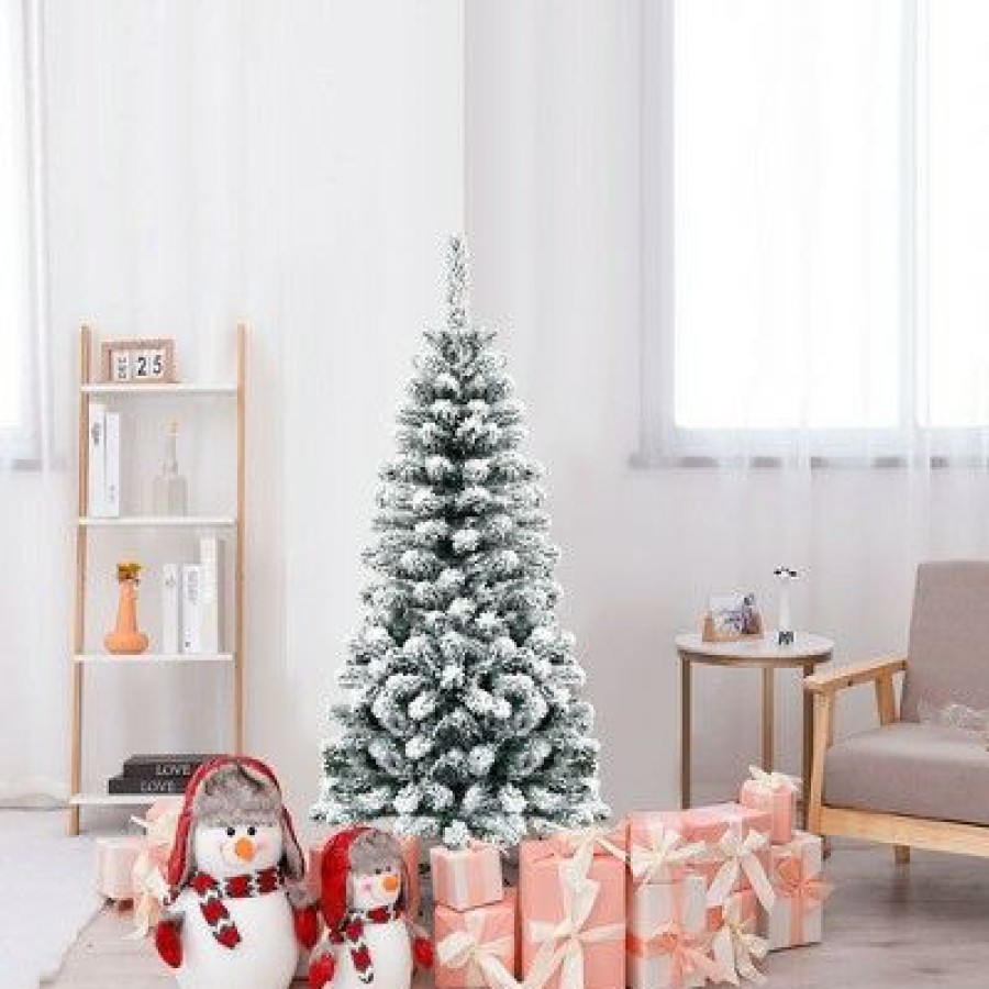 Pine * | Costway 4.5Ft Unlit Hinged Snow Flocked Artificial Pencil Christmas Tree W/ 242 Branch