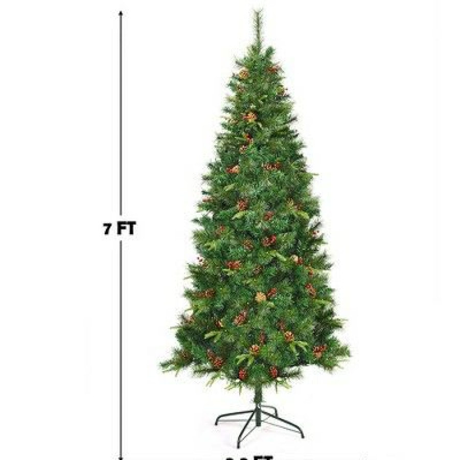 Pine * | Costway 7Ft Pre-Lit Hinged Pe Artificial Christmas Tree W/ 350 Led Lights & Pine Cones