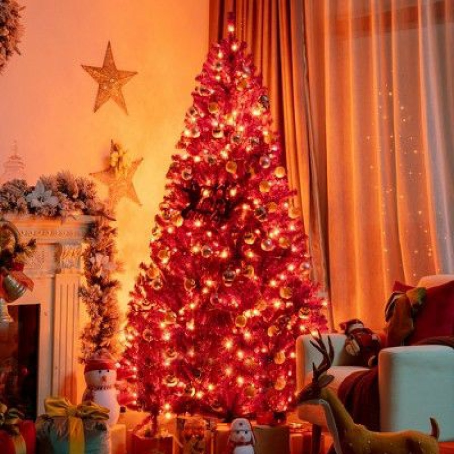 Pine * | Costway 7Ft Pre-Lit Purple Halloween Christmas Tree W/ Orange Lights Pumpkin Decorations