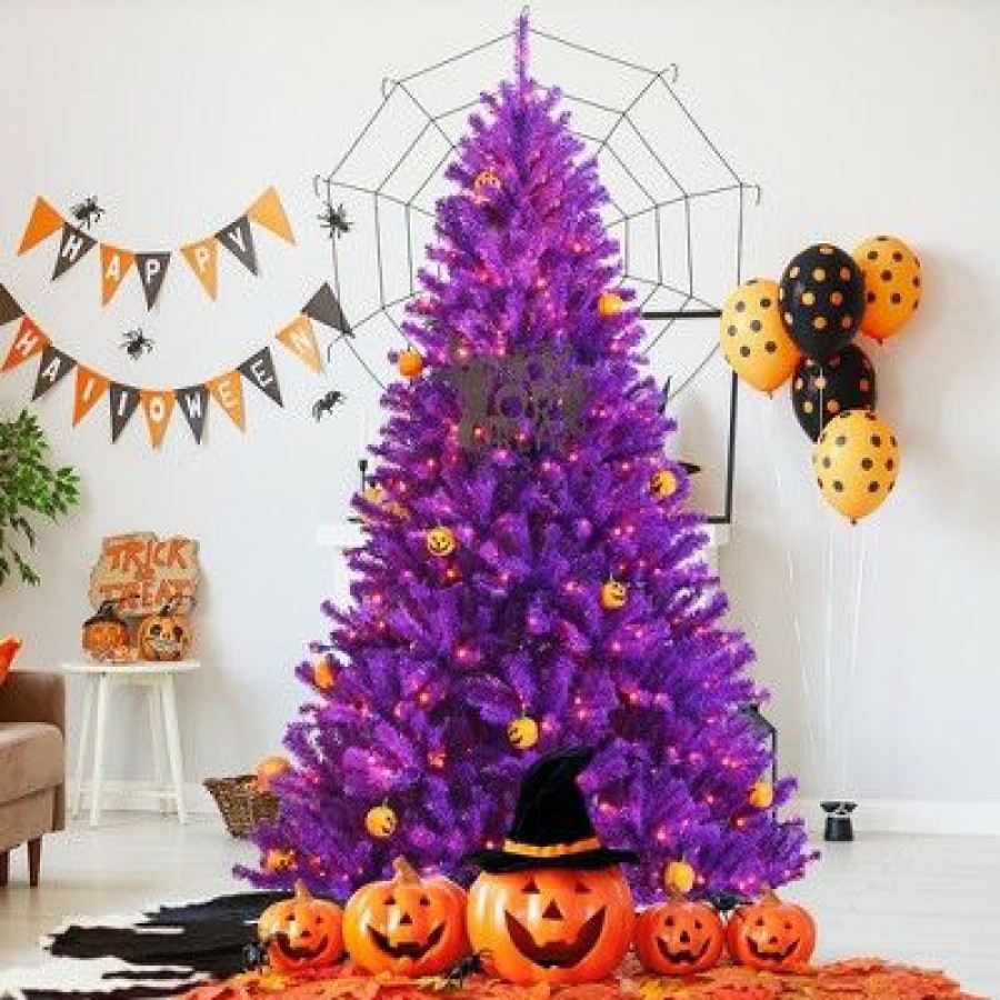 Pine * | Costway 7Ft Pre-Lit Purple Halloween Christmas Tree W/ Orange Lights Pumpkin Decorations