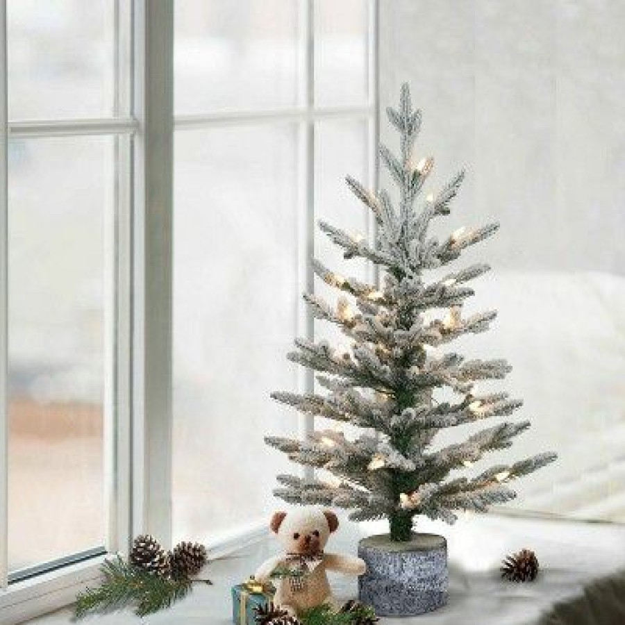 Alberta Spruce * | 2Ft Puleo Pre-Lit Flocked Potted Slim Artic Fir Artificial Christmas Tree Clear Lights