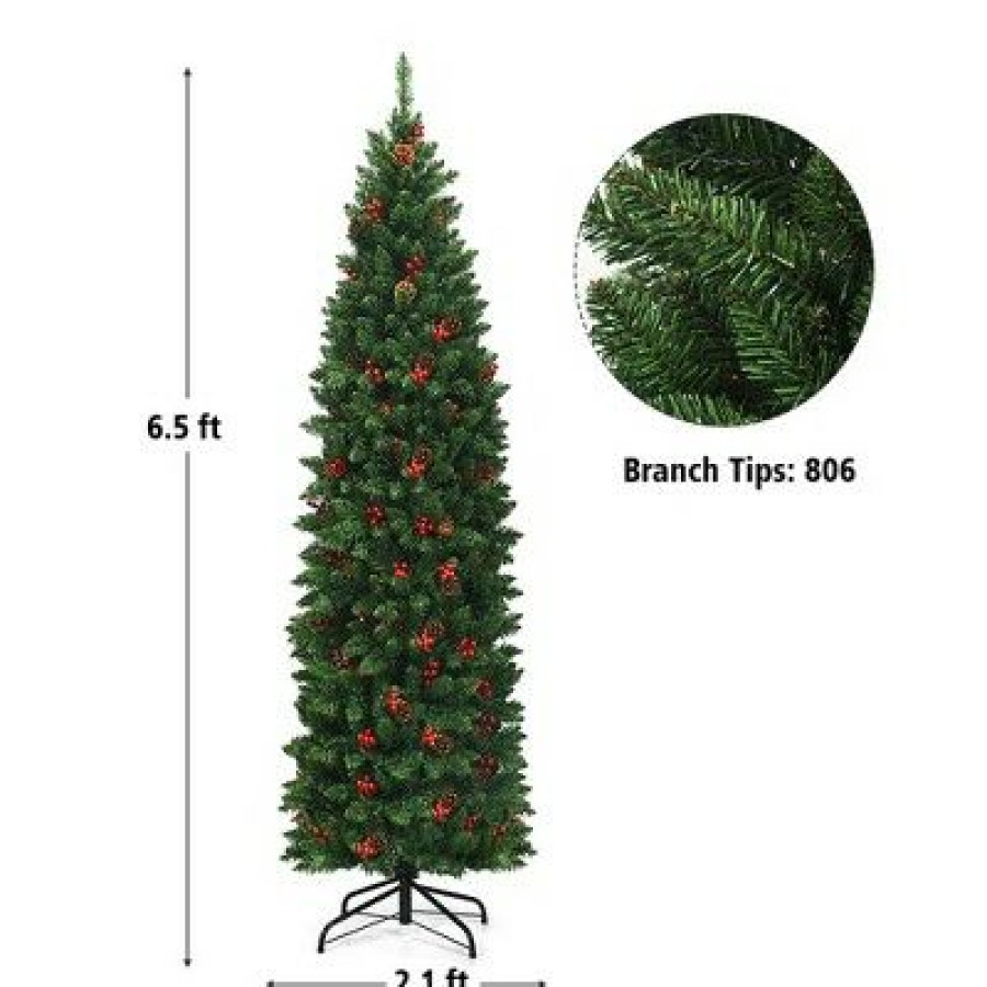 Pine * | Costway 4.5Ft6.5Ft7.5Ft Pre-Lit Hinged Pencil Christmas Tree W/Pine Cones Red Berries & 150250350 Lights