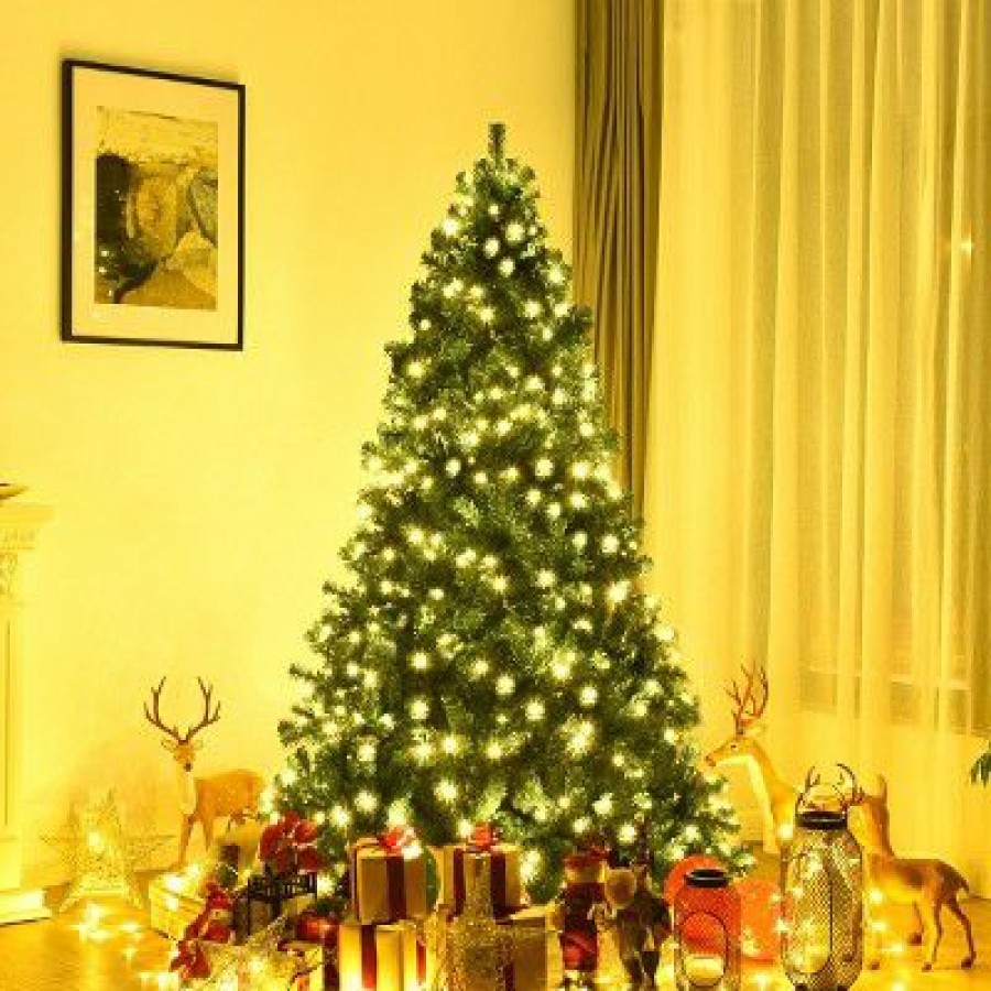 Pine * | Costway 7Ft/7.5Ft/8Ft Pre-Lit Pvc Christmas Tree Hinged 300/400/430 Lights