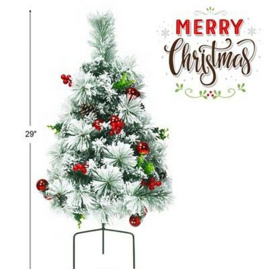 Pine * | Tangkula 2Pcs 29 Pre-Lit Christmas Tree Snow Flocked Pathway Xmas Tree With 30 Led Lights