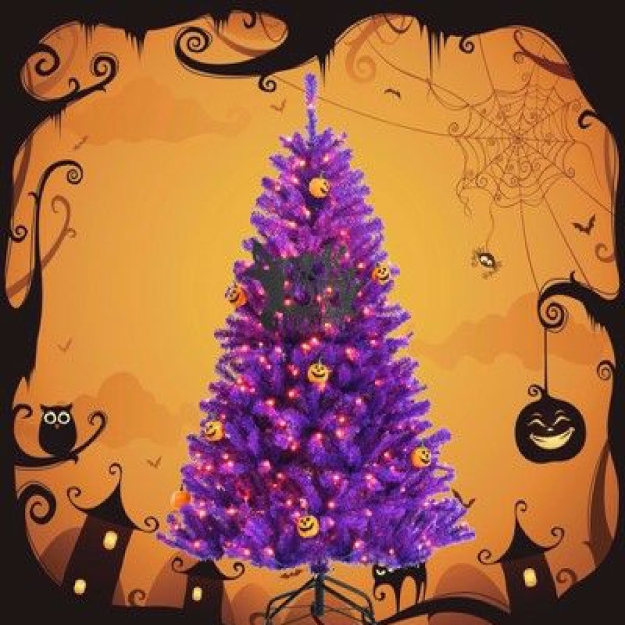 Pine * | Tangkula Artificial Purple Christmas Tree, Prelit Purple Halloween Tree W/ Orange Led Lights & Pumpkin Ornaments