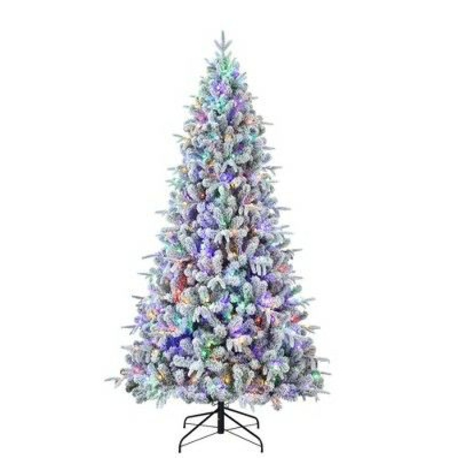 Noble Fir * | Haute Decor Haute Decor 7.5' Pre-Lit Led Flocked Churchill Fir Artificial Christmas Tree Color Changing Lights