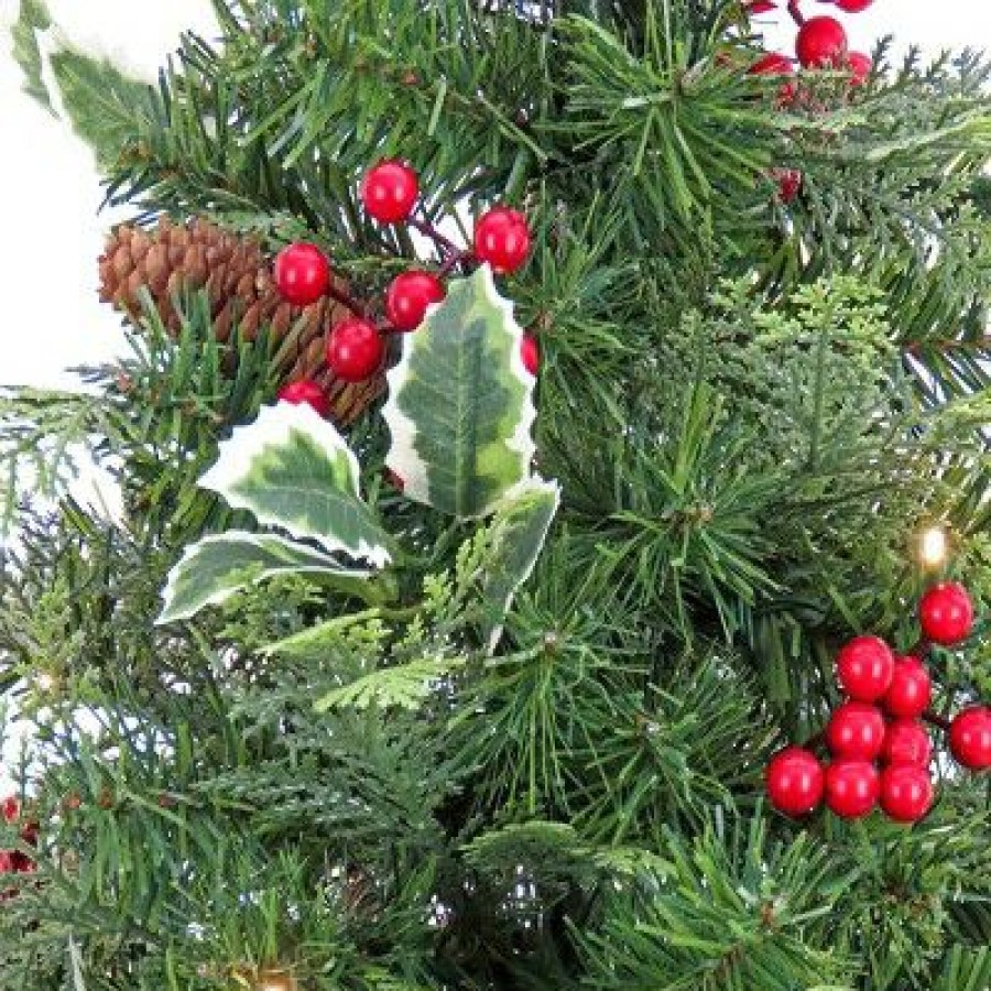 Pine * | National Tree Company 24" Pre-Lit Battery Operated Mixed Tip Holly Berry Table Top Artificial Christmas Tree Clear Lights