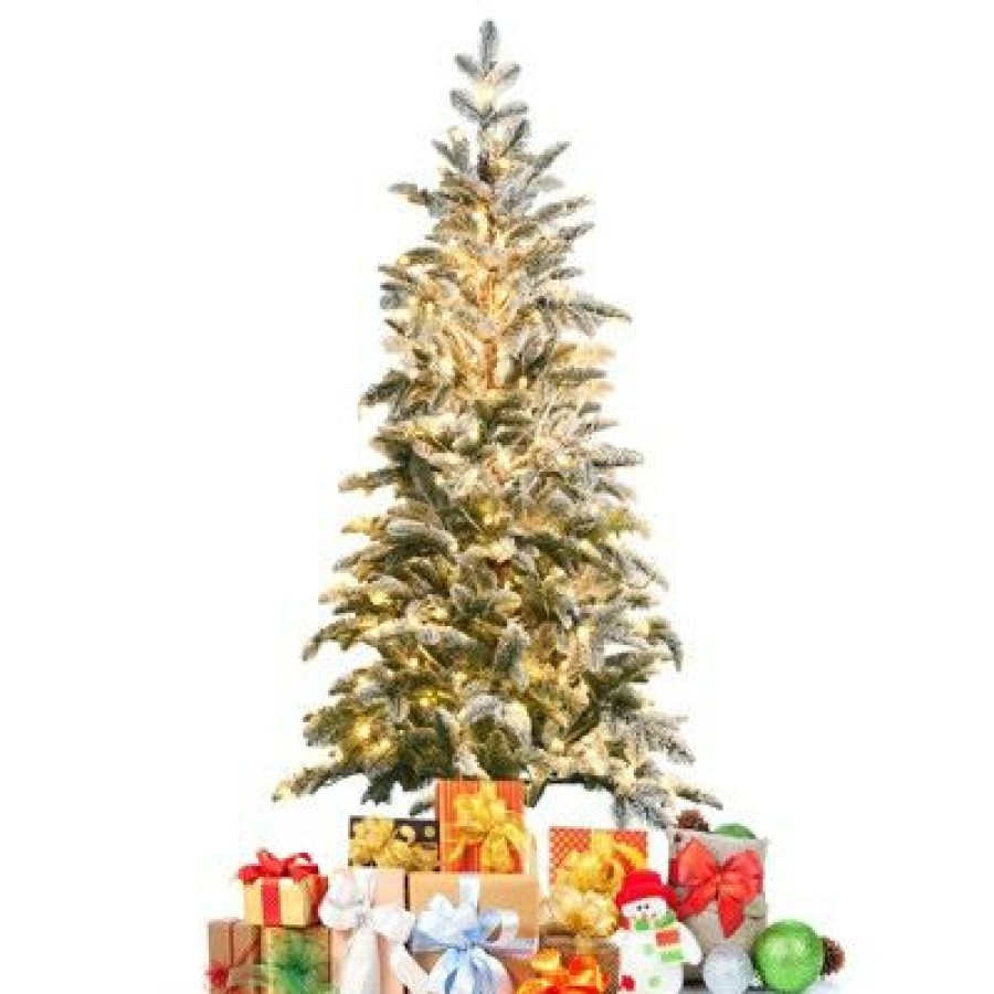 Pine * | Tangkula 6Ft Artificial Snow Flocked Pencil Christmas Tree Pre-Lit Faux-Pine Tree W/250 Warm White Led Lights