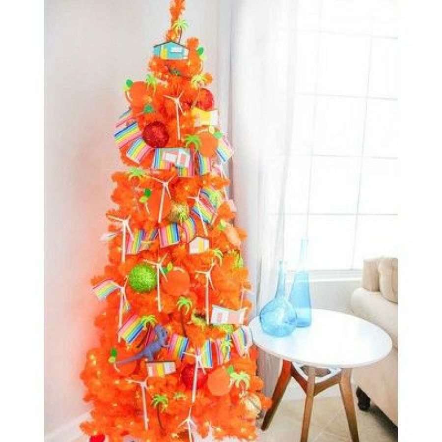 Unidentified Plant Variety * | Treetopia Sunset Orange 6 Foot Artificial Prelit Slim Narrow Christmas Tree Holiday Decoration With White Led Lights, Premium Stand, And Foot Pedal