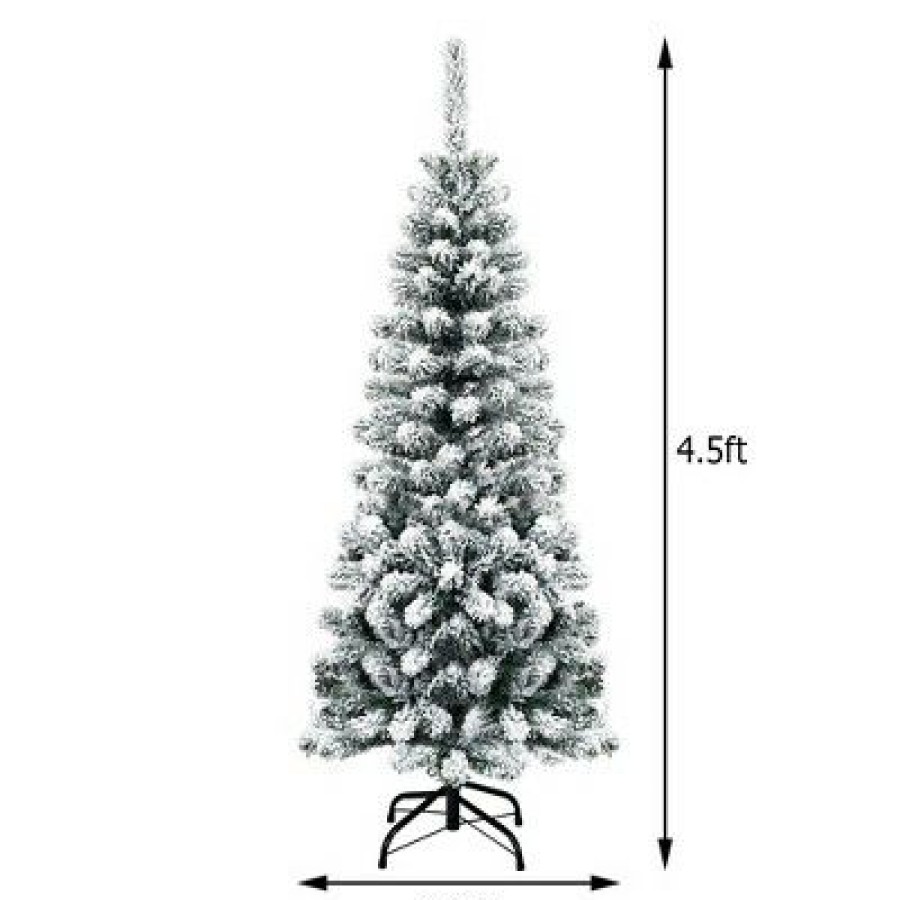 Pine * | Costway 4.5Ft Pre-Lit Snow Flocked Artificial Pencil Christmas Pine Tree W/150 Led Light