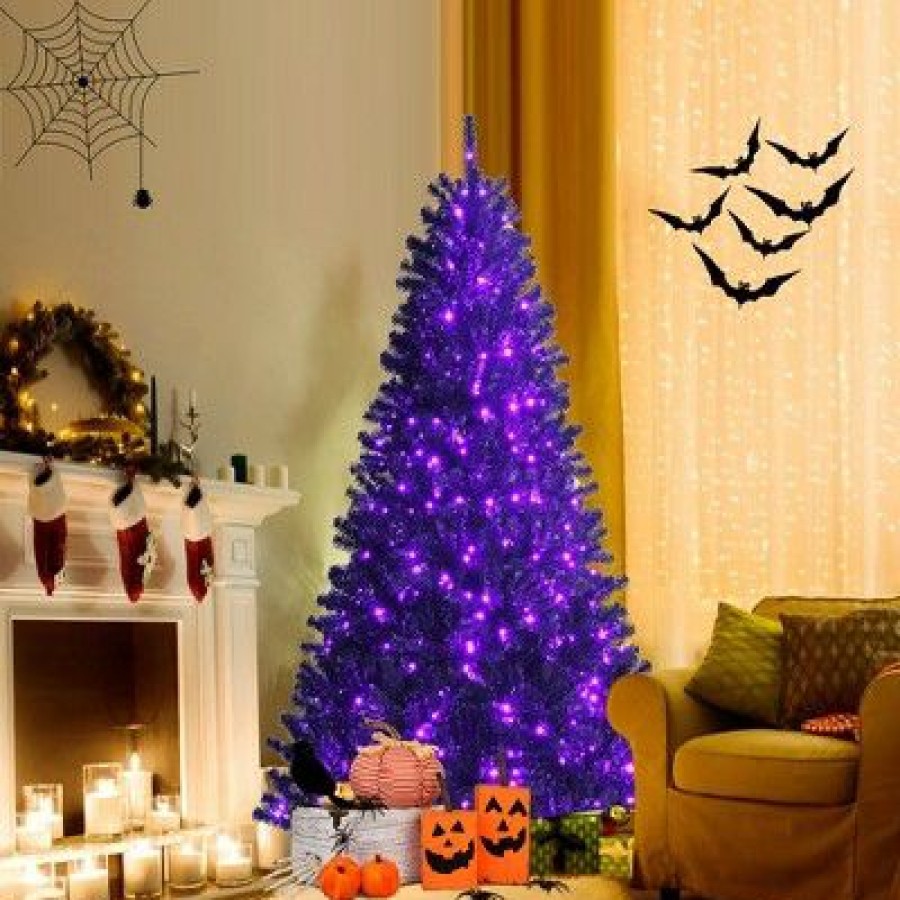 Pine * | Costway 6Ft Pre-Lit Pvc Christmas Halloween Tree Black W/ 250 Purple Led Lights