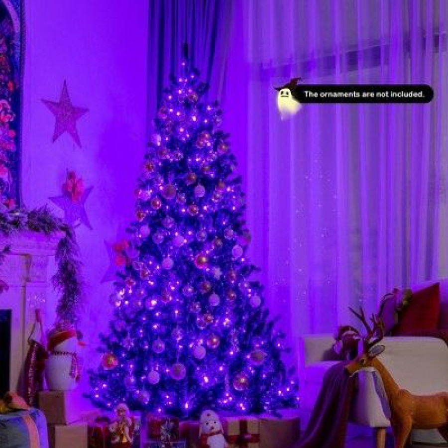 Pine * | Costway 6Ft Pre-Lit Pvc Christmas Halloween Tree Black W/ 250 Purple Led Lights