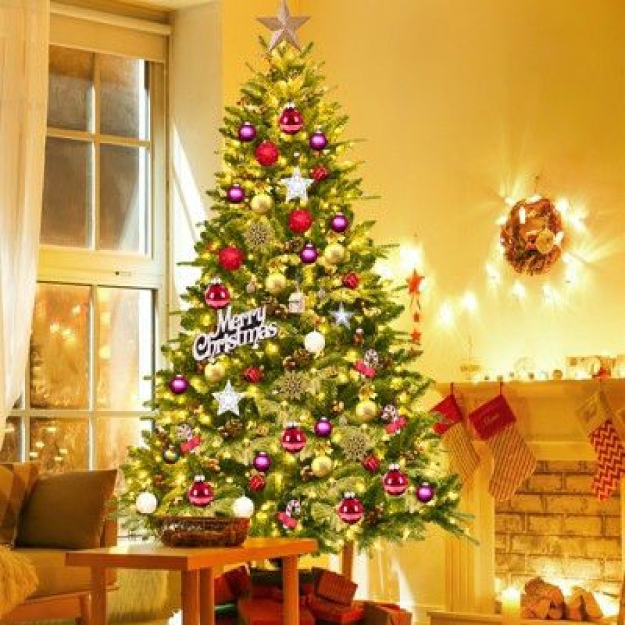 Pine * | Tangkula 6.5 Pre-Lit Snow Flocked Christmas Tree With 450 Led Lights &Foldable Stand