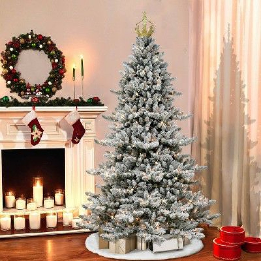 Douglas Fir * | 7.5Ft Puleo Pre-Lit Flocked Slim Royal Majestic Spruce Artificial Christmas Tree With Gold Crown Treetop Clear Lights