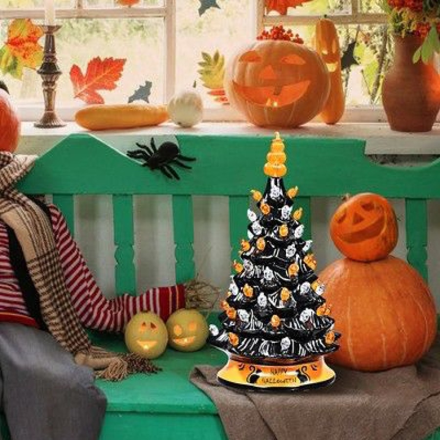 Pine * | Costway 15" Pre-Lit Ceramic Hand-Painted Tabletop Halloween Tree Battery Powered Black