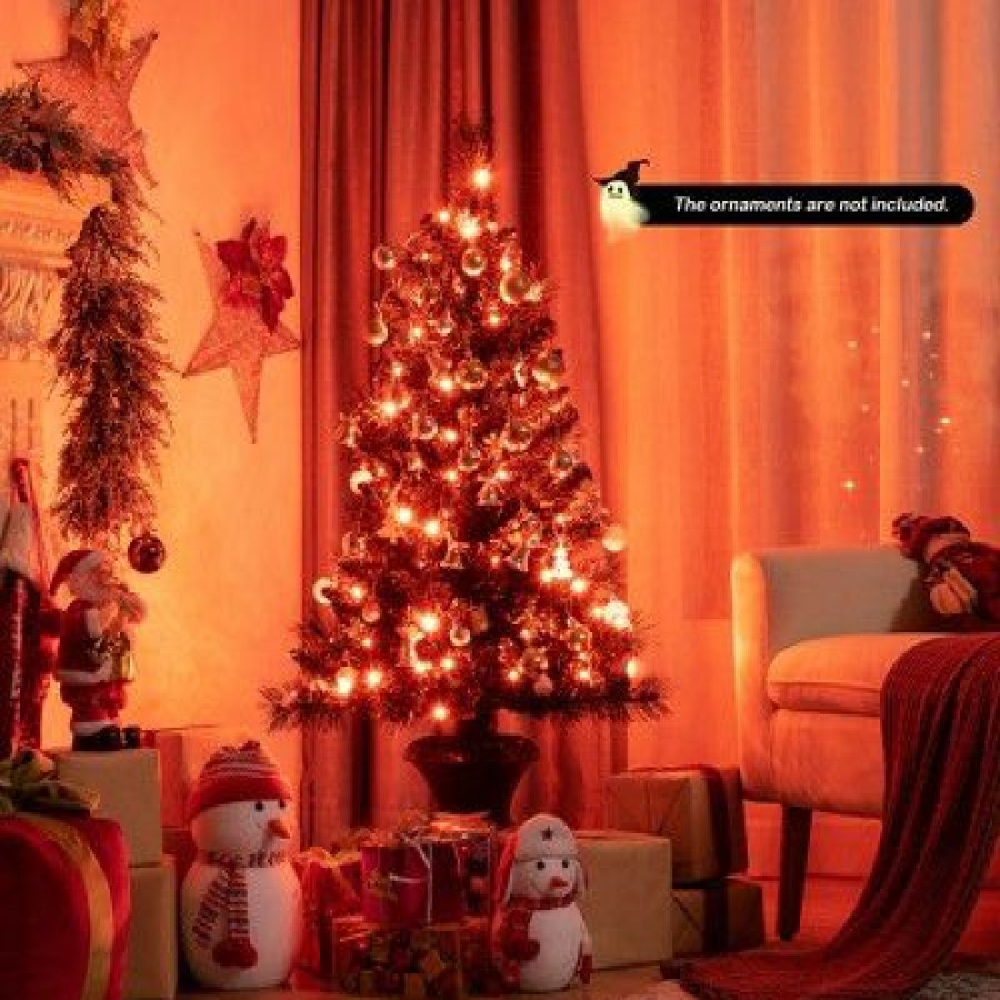 Pine * | Costway 4Ft Pre-Lit Black Christmas Entrances Tree Potted Xmas W/ 100 Orange Led Lights