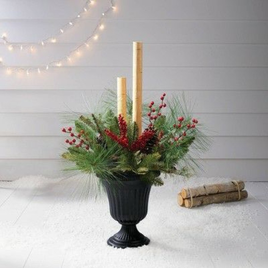 Alberta Spruce * | 34In Frosted Porch Decor With Berries, Pinecones, And Birch Branch In Plastic Urn Wondershop