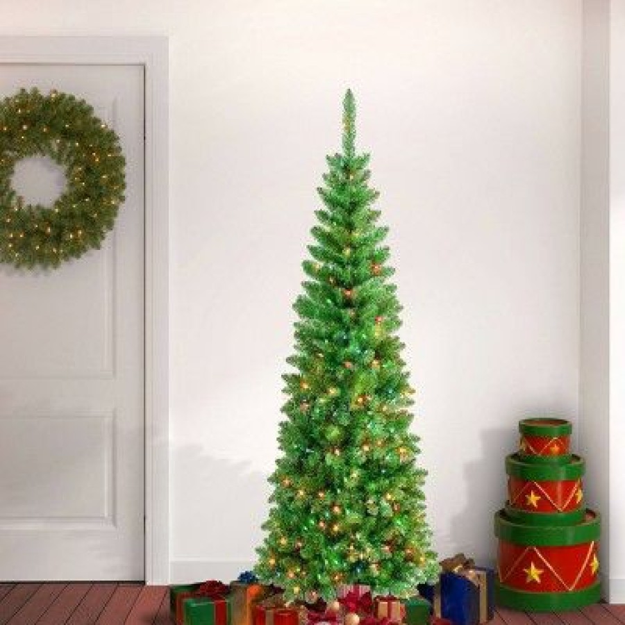 Pine * | National Tree Company Pre-Lit Pencil Rowan Hinged Artificial Christmas Tree Multicolor Lights