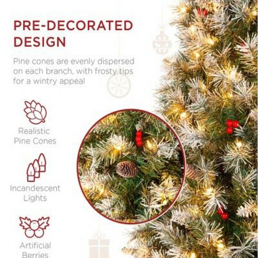 Pine * | Best Choice Products Pre-Lit Pencil Christmas Tree, Pre-Decorated, Frosted W/ Flocked Tips, Lights, Base