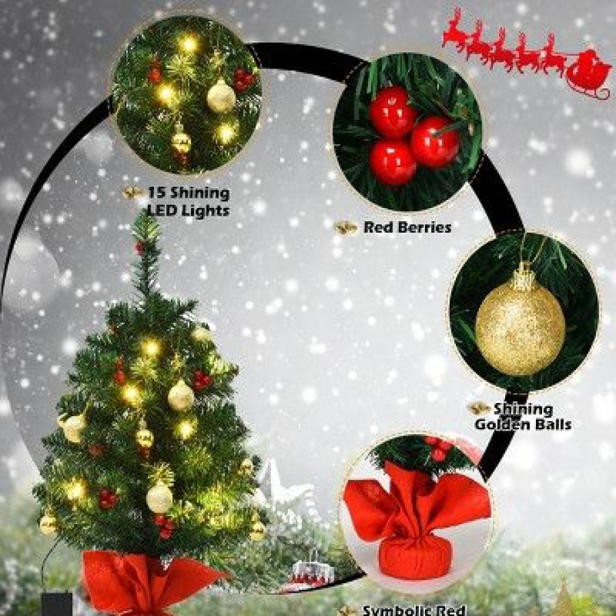 Pine * | Tangkula 24" Artificial Christmas Tree Pre-Lit Led Lights W/ Ball Ornaments