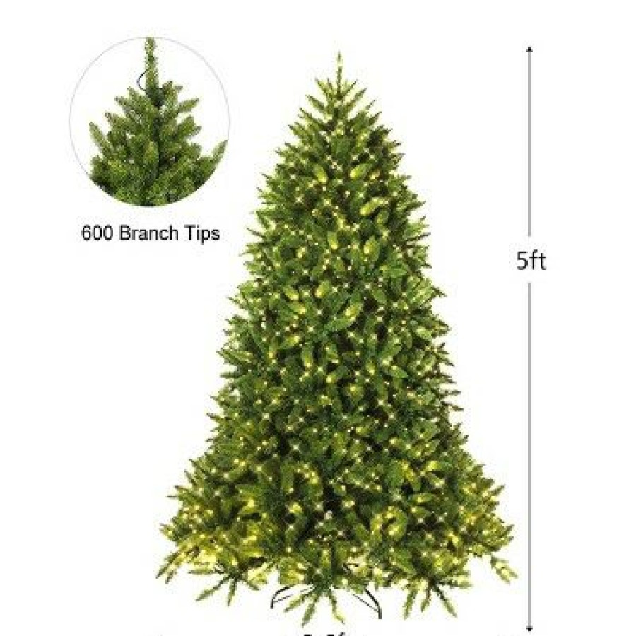 Pine * | Costway 5Ft Pre-Lit Pvc Christmas Fir Tree Hinged 8 Flash Modes